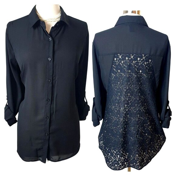Riley+James Womens Plus Lace Back Button-Down Shirt 18/20W Black Chic Office Y2K - Picture 1 of 7